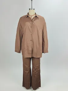 Front view of brown two-piece set featuring long-sleeve shirt and wide-leg pants