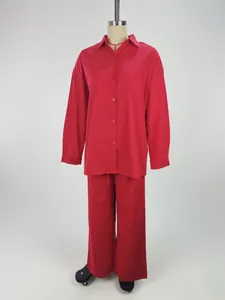 Women's vibrant red long sleeve shirt and matching wide leg pants casual set