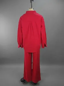 Back view of a vibrant red loose-fit shirt and wide-leg trousers casual set for women