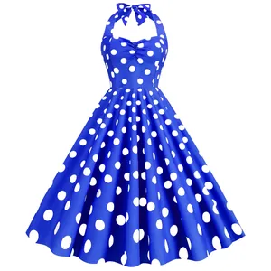 Abito vintage blu a pois con scollatura all'americana