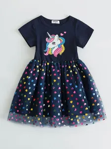 Girls Summer Unicorn Rainbow Heart Mesh Tutu Princess Dress Short Sleeve Cotton Splicing Toddler Sweet Party Clothing