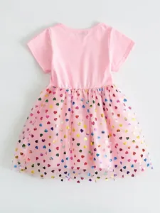 Sweet pink girls summer princess dress featuring a colorful glitter heart print tulle skirt
