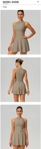 Front and back detail views of a sleeveless A-line athletic tennis dress in linen color.
