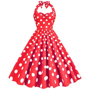 Abito vintage a pois rossi con allacciatura al collo, stile rockabilly anni '50