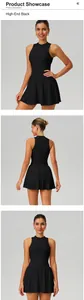 Detailed multi-angle views of a black high-neck athletic tennis dress with A-line skirt.