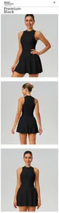 Detailed multi-angle views of a black high-neck athletic tennis dress with A-line skirt.