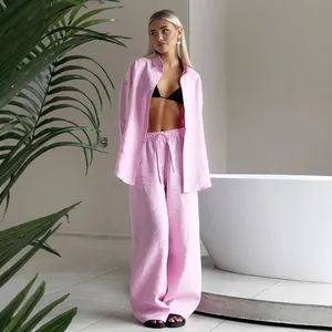 Elegant pink linen-style long sleeve shirt and wide leg pants casual set for women