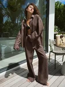 Elegant women's dark brown oversized linen long sleeve shirt and wide-leg pants set