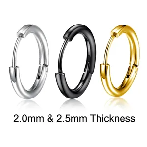 Close-up view of 316L stainless steel hoop earrings in silver, black, and gold colors.