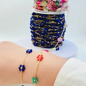 Handmade colorful beaded flower chain for DIY jewelry making necklaces and bracelets.