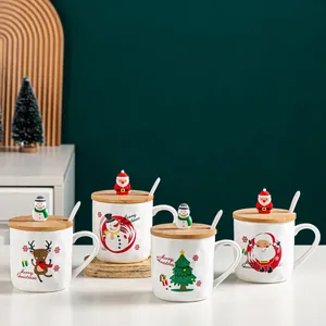 Festive set of 4 Christmas ceramic mugs with wooden lids and spoons on a green background