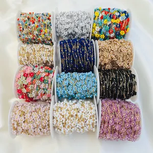 Stainless Steel Hand-Woven Colored Flower Chain For DIY Necklace Bracelet Anklet Electroplated Artificial Pearl Beaded Jewelry Chain