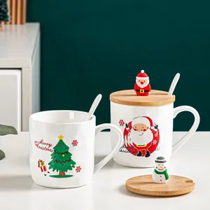 Detailed view of Christmas ceramic mug with wooden lid and Santa figurine
