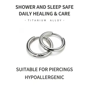 Detail view of hypoallergenic medical grade 316L titanium steel silver hoop earrings