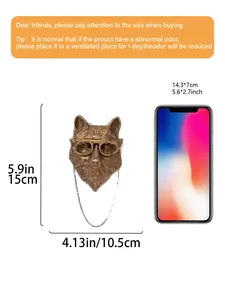 Antique bronze fox wall hanging decor with glasses and dimensions shown next to a smartphone.