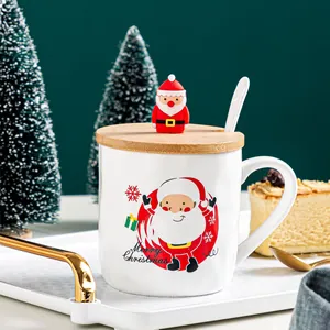 Festive Christmas ceramic mug with Santa Claus figurine and wooden lid, white finish.