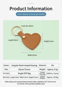 Macro view showing dimensions and material specifications of the heart-shaped leather keychain