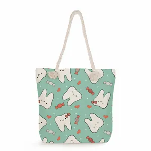 Large capacity canvas tote bag featuring cute cartoon tooth and candy prints with rope handles