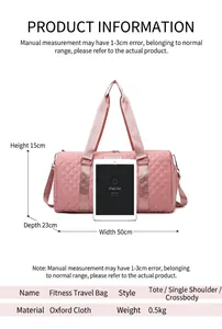 Detailed view of pink quilted travel duffel bag with dimensions and scale reference