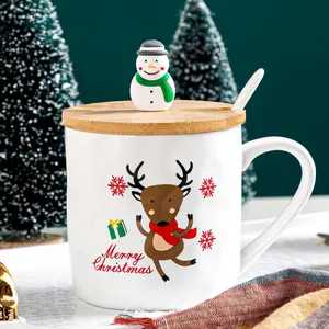 Detail view of festive ceramic Christmas mug with reindeer pattern and snowman lid