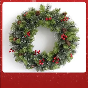 Close-up detail of a lush green Christmas wreath decorated with red berries and pine cones