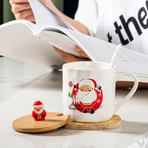 Detailed shot of a festive Santa Claus ceramic mug featuring a wooden lid and matching spoon.