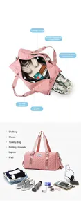 Internal structure and capacity of pink quilted travel duffle bag with shoe compartment.