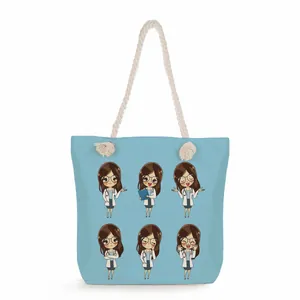 Close-up detail of the cute cartoon nurse characters printed on light blue canvas tote bag