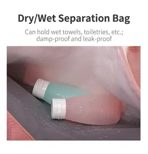 Close-up of waterproof dry and wet separation pocket inside the travel bag with toiletries