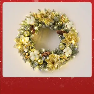 Close-up of festive golden Christmas wreath featuring pine cones cotton and warm lights