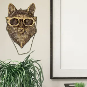 Vintage bronze wolf head wall sculpture with glasses for creative home office decor