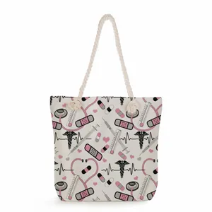 Large capacity nurse themed print tote bag with thick rope handles for travel and shopping
