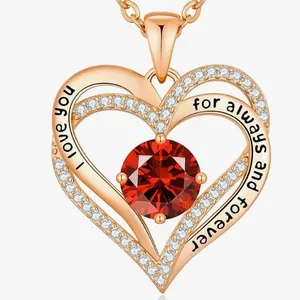 Fashion Zinc Alloy Double Heart Birthstone Pendant Necklace For Women Rose Gold Rhinestone Inlaid Heart Neck Jewelry Gift