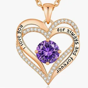 Elegant rose gold double heart necklace featuring purple birthstone and sweet engraving