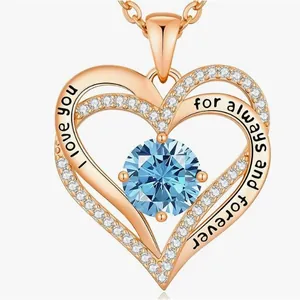 Rose gold double heart pendant necklace with blue birthstone and I love you engraving