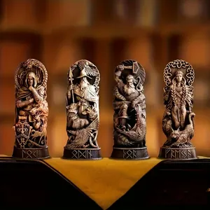 Nordic Mythology Odin Thor Loki Freyja Resin Statue Faux Wood Grain Mythological Gods Figurine Vintage Home Office Desktop Decor Gift