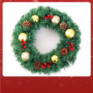 Classic green Christmas wreath decorated with natural pine cones and golden baubles.