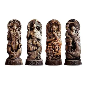 Set of 4 Nordic mythology god statues with detailed resin wood-carved effect ornaments