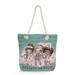 Large capacity nurse print tote bag with front line warriors slogan and rope handles