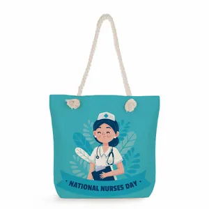 Detailed view of canvas tote bag with National Nurses Day print and rope handles