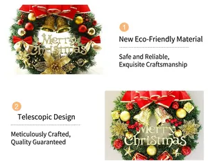 Close-up details of festive Christmas wreath featuring eco-friendly materials and adjustable design.