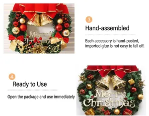 Detail of decorative Christmas wreath with red bows, gold bells, and festive ornaments.