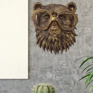 Vintage bronze-style bear head wall sculpture wearing glasses for creative home decor