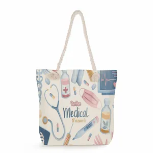 Detailed medical theme print on canvas tote bag featuring stethoscope and medicine