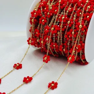 Exquisite red flower beaded chain with gold link details for DIY jewelry making crafts