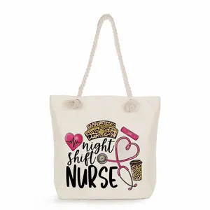 Canvas tote bag with 'Night Shift Nurse' print and leopard stethoscope design