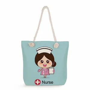 Front view of light blue tote bag featuring a cute cartoon nurse print and rope handles.
