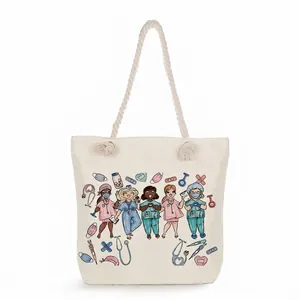 Close-up of nurse life printed canvas tote bag with thick rope handles.
