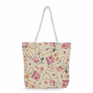 Nurse themed canvas tote bag featuring a medical equipment pattern and rope handles