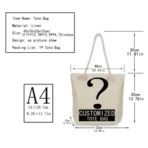 Detailed size guide for large capacity linen tote bag with measurements and A4 comparison